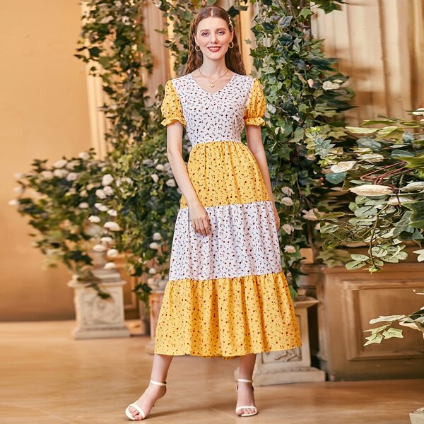 

Ditsy Floral Print Colorblock Dress, Multicolor