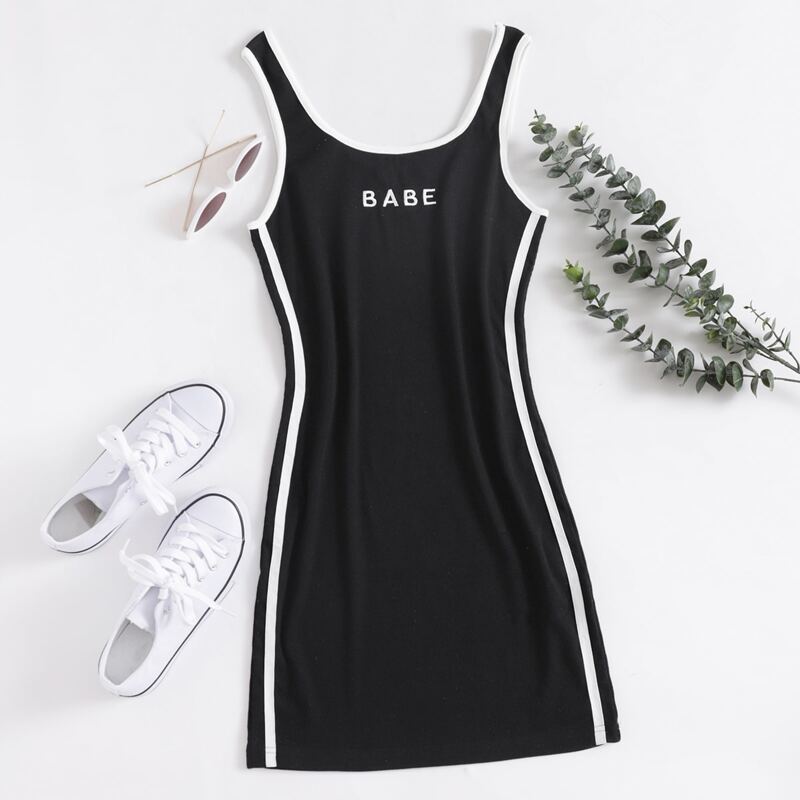 

Letter Embroidery Contrast Binding Bodycon Dress, Black
