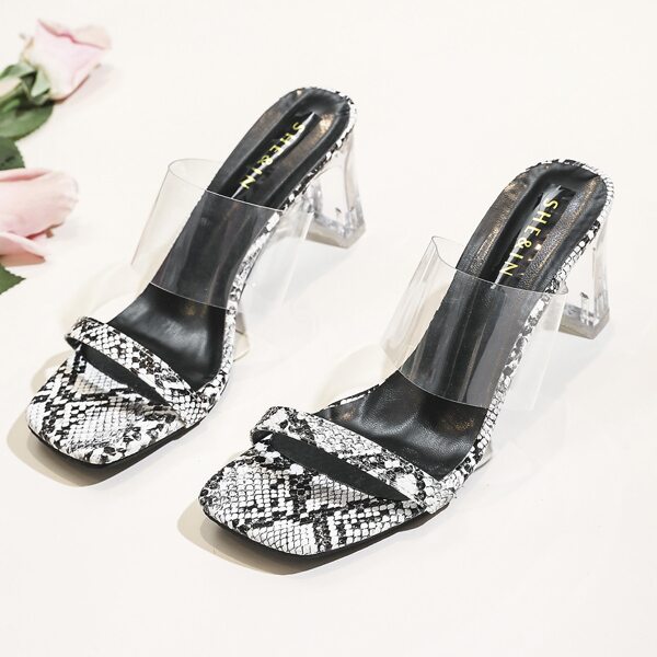 

Snakeskin Pattern Heeled Mule Sandals, Black and white