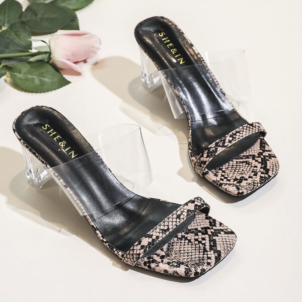 

Snakeskin Pattern Heeled Mule Sandals, Brown