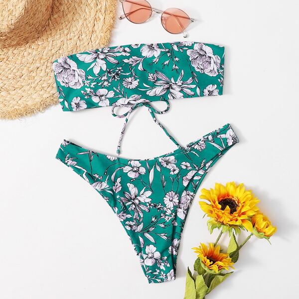 

Floral Bandeau High Cut Bikini Swimsuit, Green