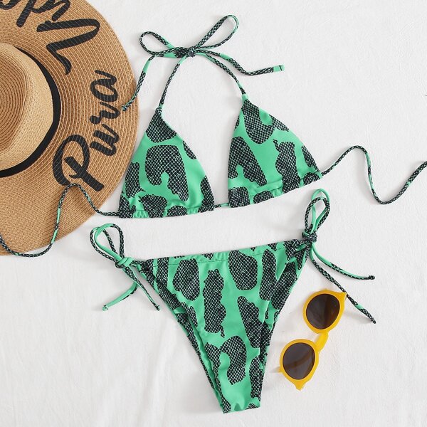 

Allover Print Triangle Tie Side Bikini Swimsuit, Green