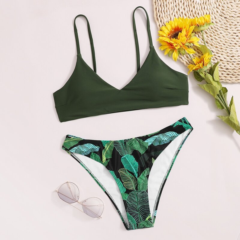 

Tropical Adjustable Strap Bikini Swimsuit, Army green
