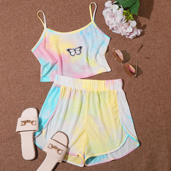 

Tie Dye Butterfly Embroidery Cami Top With Dolphin Shorts, Multicolor