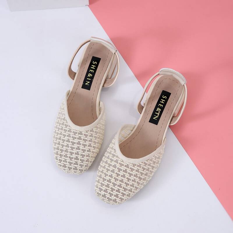 

Embroidered Mesh Velcro Strap Flats, Beige