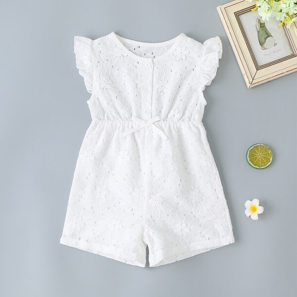 

Baby Girl Eyelet Embroidery Ruffle Trim Bow Romper, White