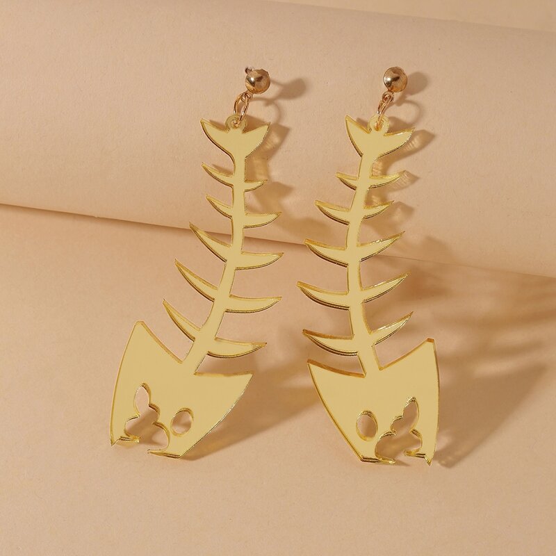 

Fish Bone Drop Earrings, Gold