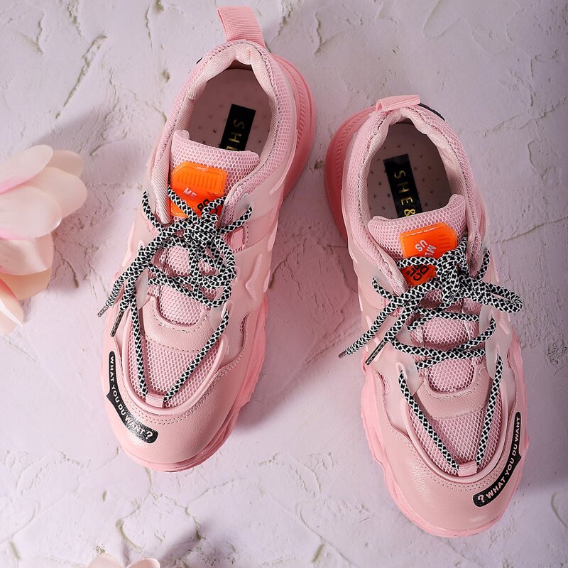 

Mesh Panel Letter Graphic Chunky Sneakers, Pink