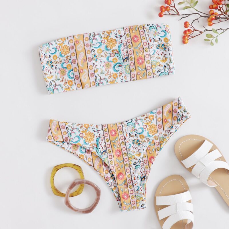 

Floral & Tribal Bandeau Bikini Swimsuit, Multicolor