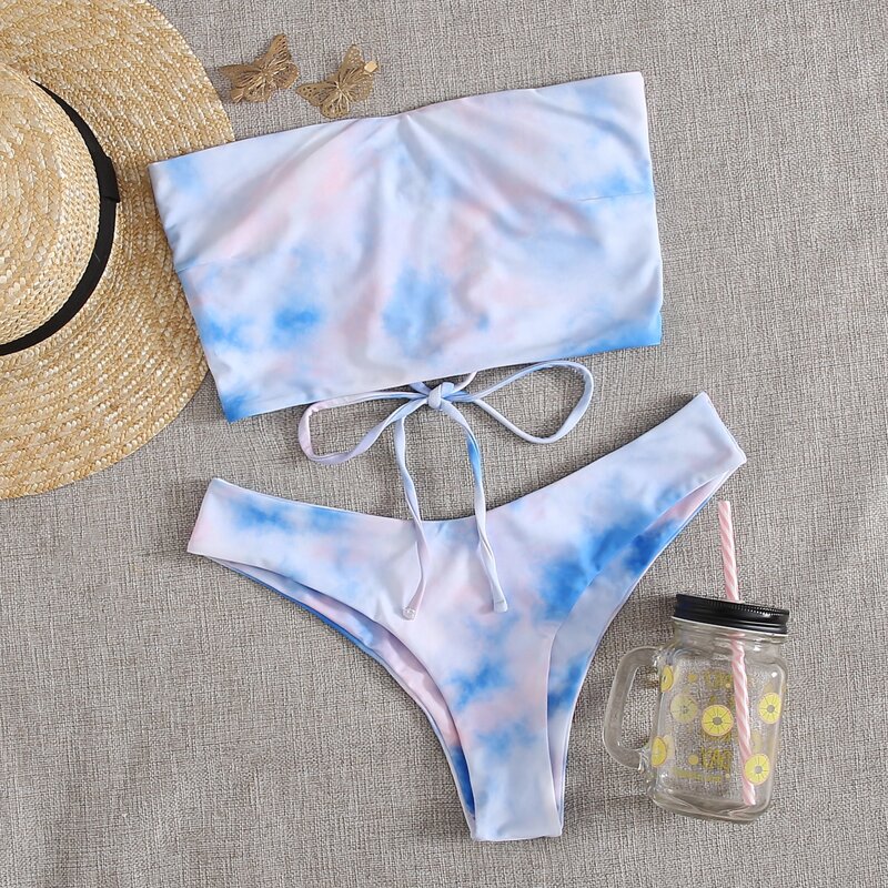 

Tie Dye Lace-up Bandeau Bikini Swimsuit, Multicolor