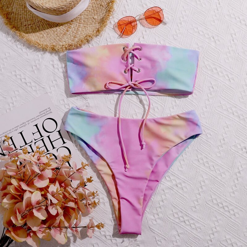 

Tie Dye Lace-up Bandeau Bikini Swimsuit, Multicolor