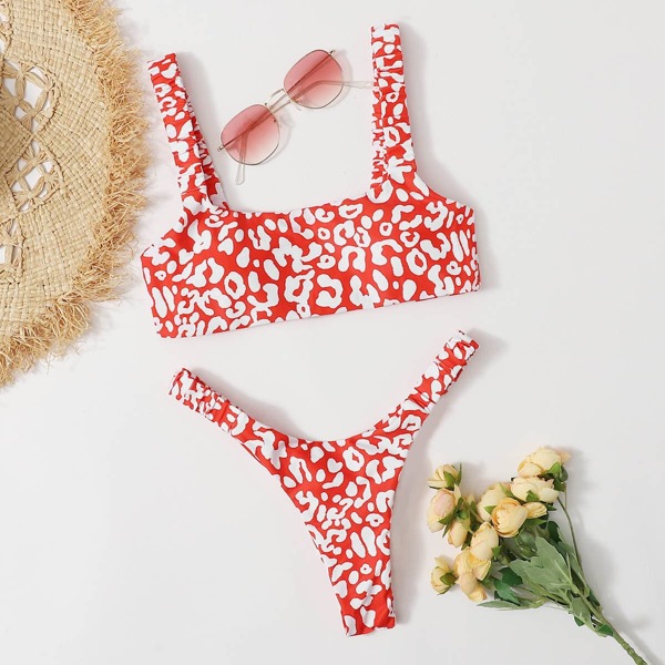 

Allover Print High Cut Bikini Swimsuit, Red and white