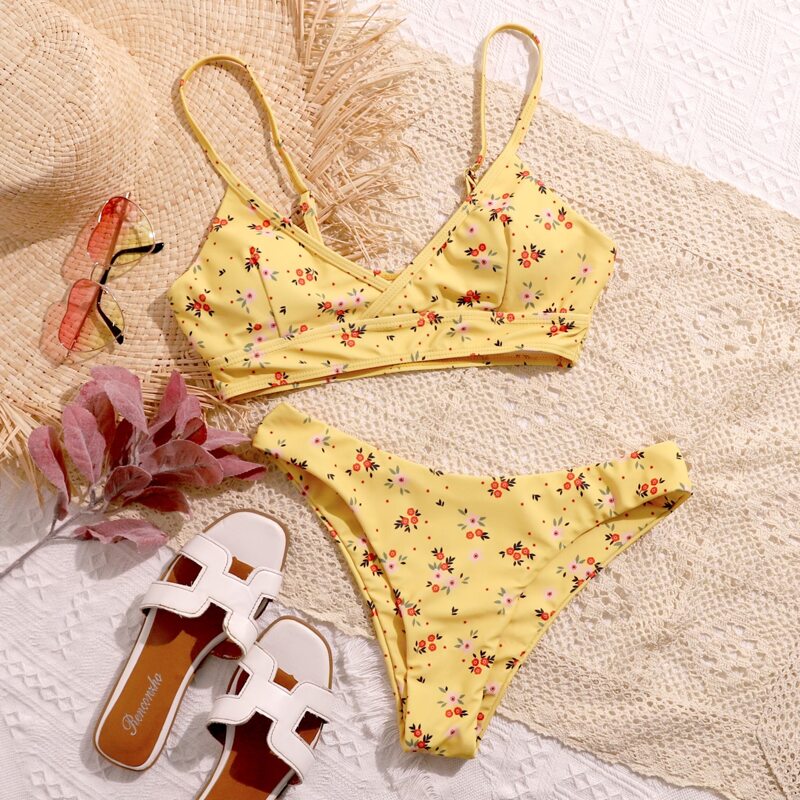 

Ditsy Floral Print Bikini Swimsuit, Pastel mustard yellow