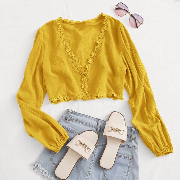 

Floral Guipure Lace Trim Crop Blouse, Mustard yellow