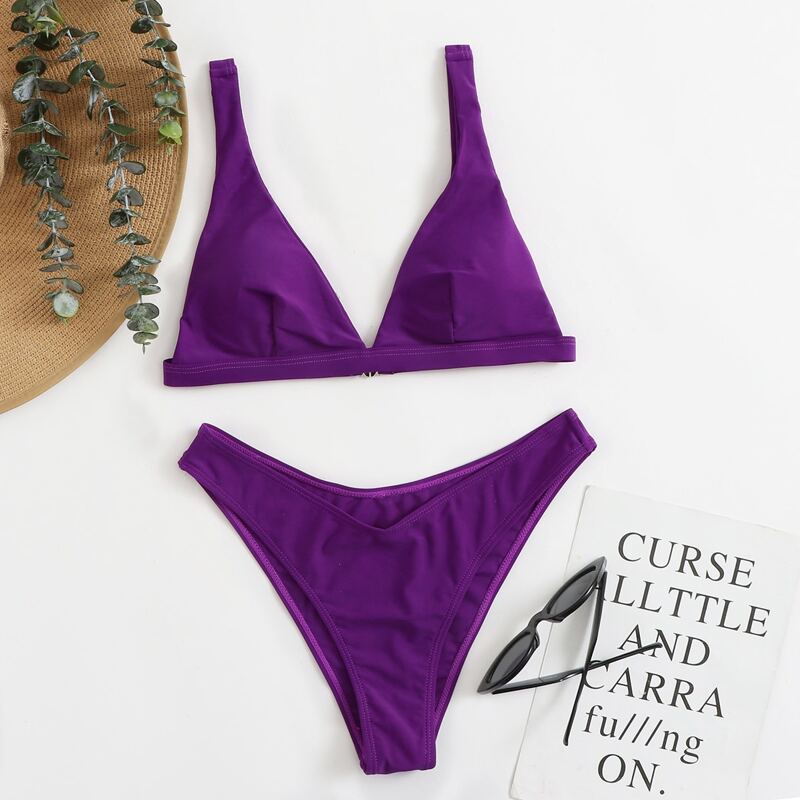 

Plain V Neck High Cut Bikini Swimsuit, Purple