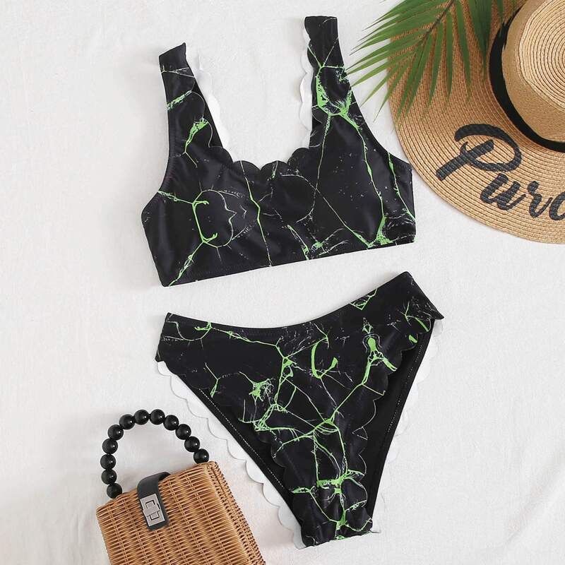 

Marble Print Scallop Trim Bikini Swimsuit, Black