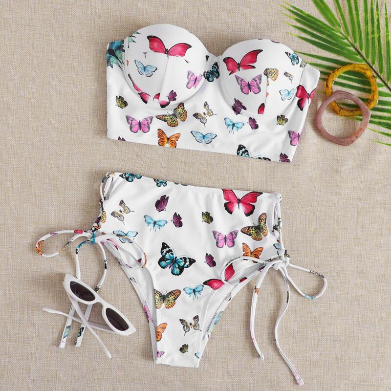 

Butterfly Print Underwire Tie Side Bikini Swimsuit, Multicolor