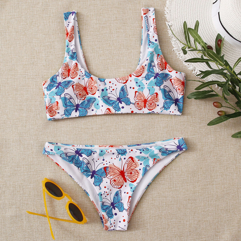 

Butterfly Print Scoop Neck Bikini Swimsuit, Multicolor