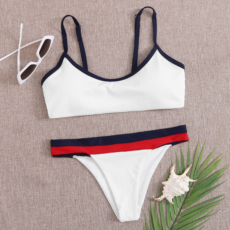 

Rib Contrast Binding Tanga Bikini Swimsuit, White