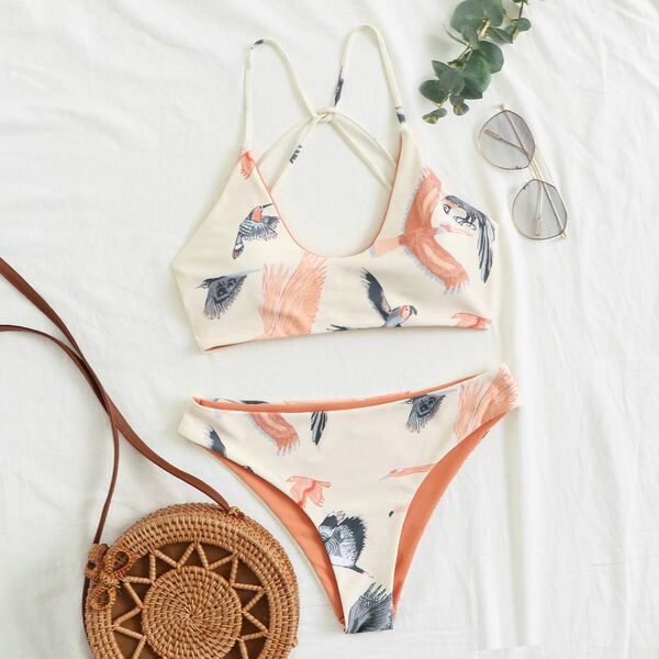 

Eagle Print Tie Back Bikini Swimsuit, Beige