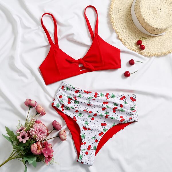 

Cherry Print Ruched High Waisted Bikini Swimsuit, Multicolor