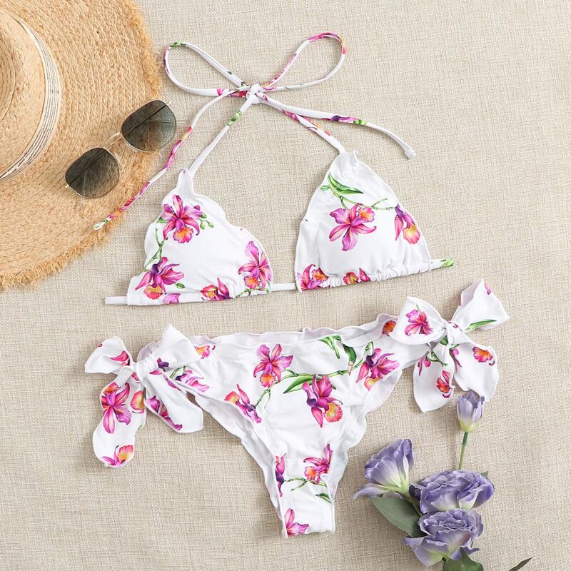 

Floral Lettuce Trim Triangle Bikini Swimsuit, Multicolor