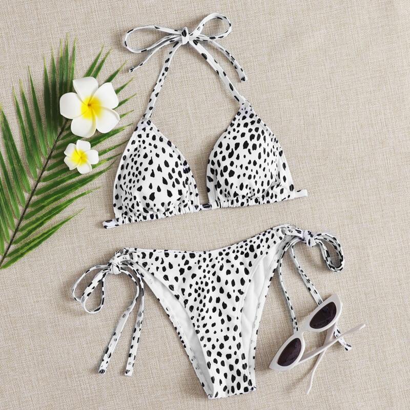 

Dalmatian Triangle Tie Side Bikini Swimsuit, Black and white