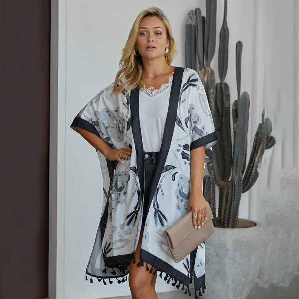 

Floral Print Fringe Detail Kimono, Multicolor