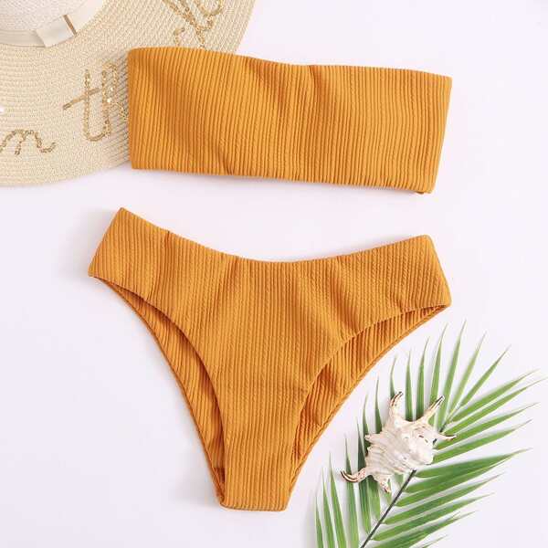 

Textured Lace-up Back Bandeau Bikini Swimsuit, Ginger