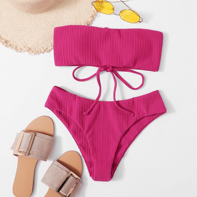 

Textured Lace-up Back Bandeau Bikini Swimsuit, Hot pink