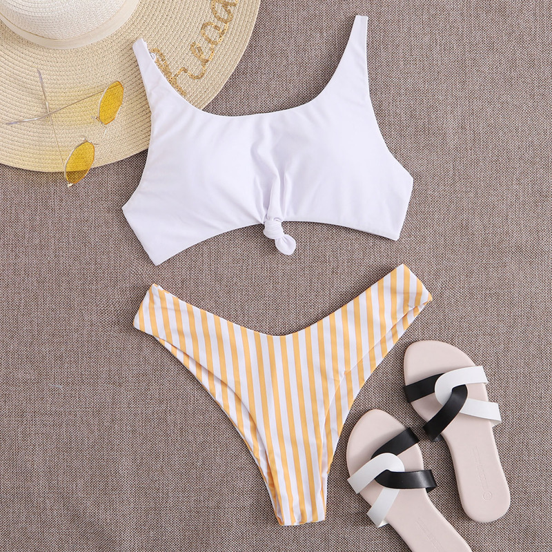 

Striped Knot Hem High Cut Bikini Swimsuit, Multicolor