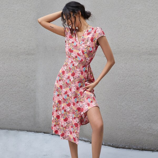 

Floral Print V Neck Wrap Dress, Multicolor