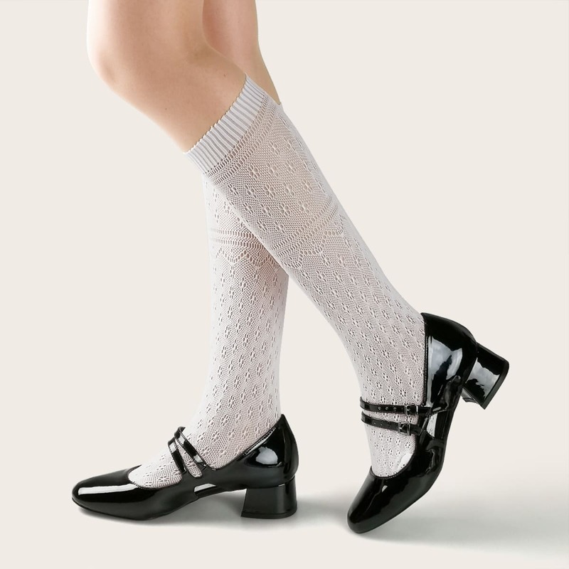 

Hollow Out Flower Knee Length Socks, White