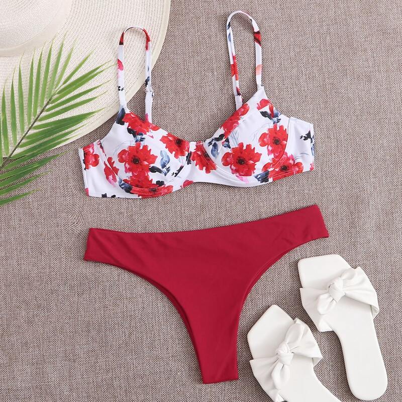 

Floral Underwire Bikini Swimsuit, Red