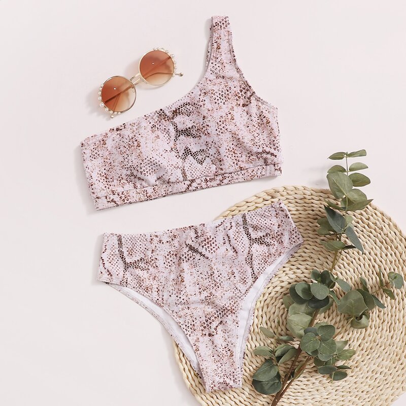 

Snakeskin One Shoulder Bikini Swimsuit, Dusty pink