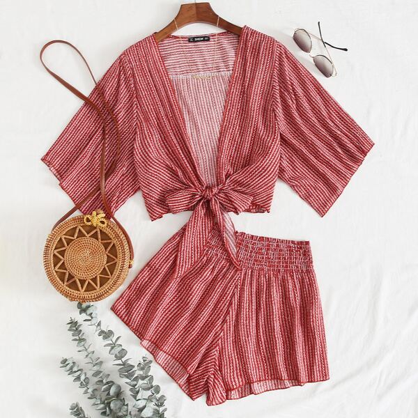 

Striped Tie Front Top & Shirred Waist Shorts Set, Red