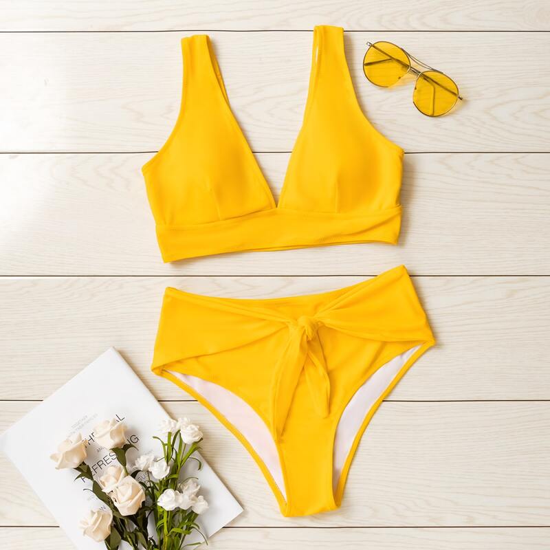 

Knot Front High Waisted Bikini Swimsuit, Yellow bright