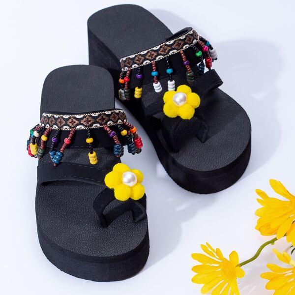 

Toe Loop Flower Decor Wedge Mules, Black