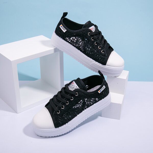 

Lace-up Front Crochet Lace Sneakers, Black