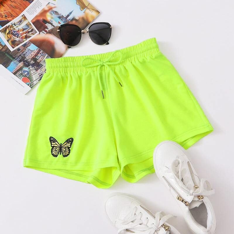 

Embroidered Butterfly Graphic Drawstring Shorts, Green