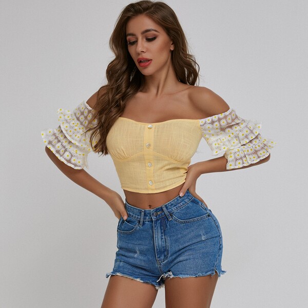 

Daisy Flower Sleeve Shirred Back Bardot Top, Yellow