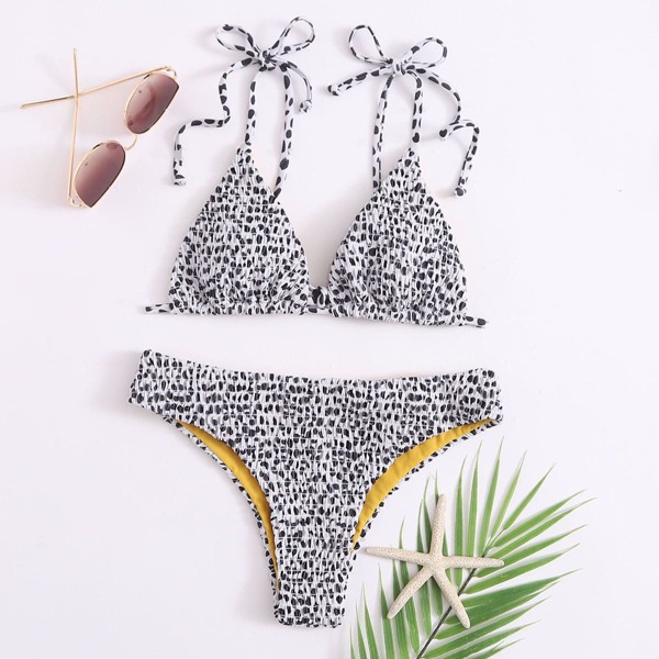 

Dalmatian Smocked Triangle Bikini Swimsuit, Black and white
