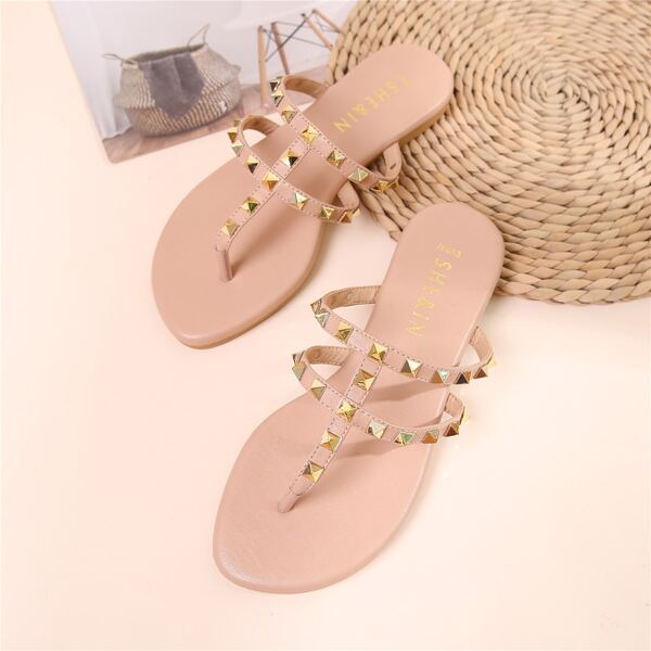 

Studded Decor Thong Slide Sandals, Pink