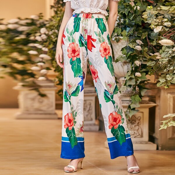 

Floral Elastic Waist Straight Leg Pants, Multicolor