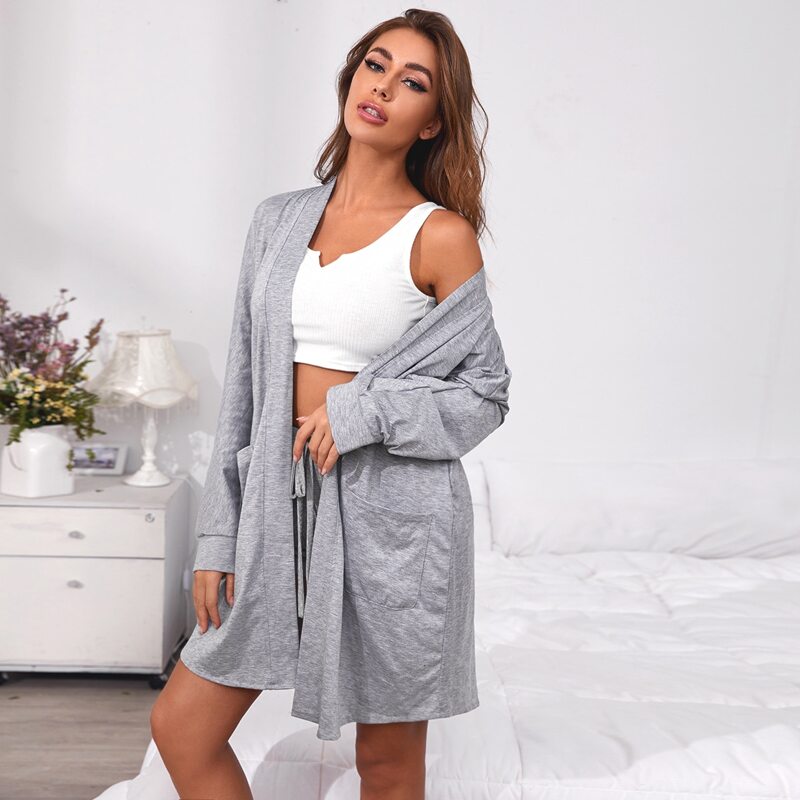 

Solid Dual Pocket Belted Robe, Light grey