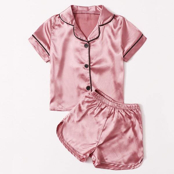 

Toddler Girls Contrast Binding Lapel Neck Satin PJ Set, Baby pink