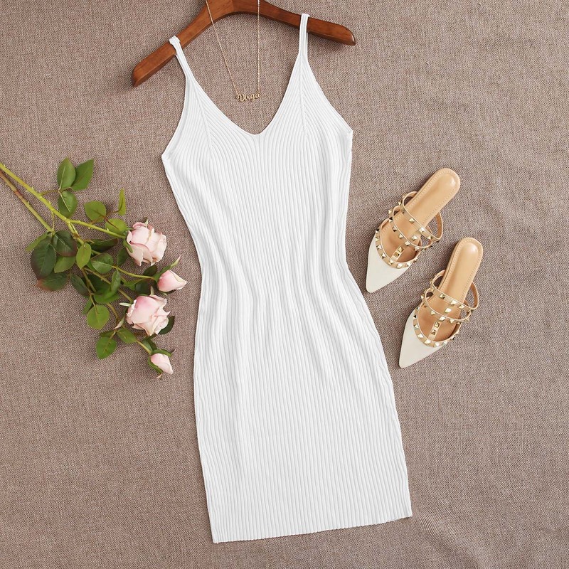 

Solid Ribbed Knit Sweater Dress, White