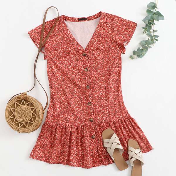 

Flutter Sleeve Button Front Ditsy Floral Smock Dress, Red