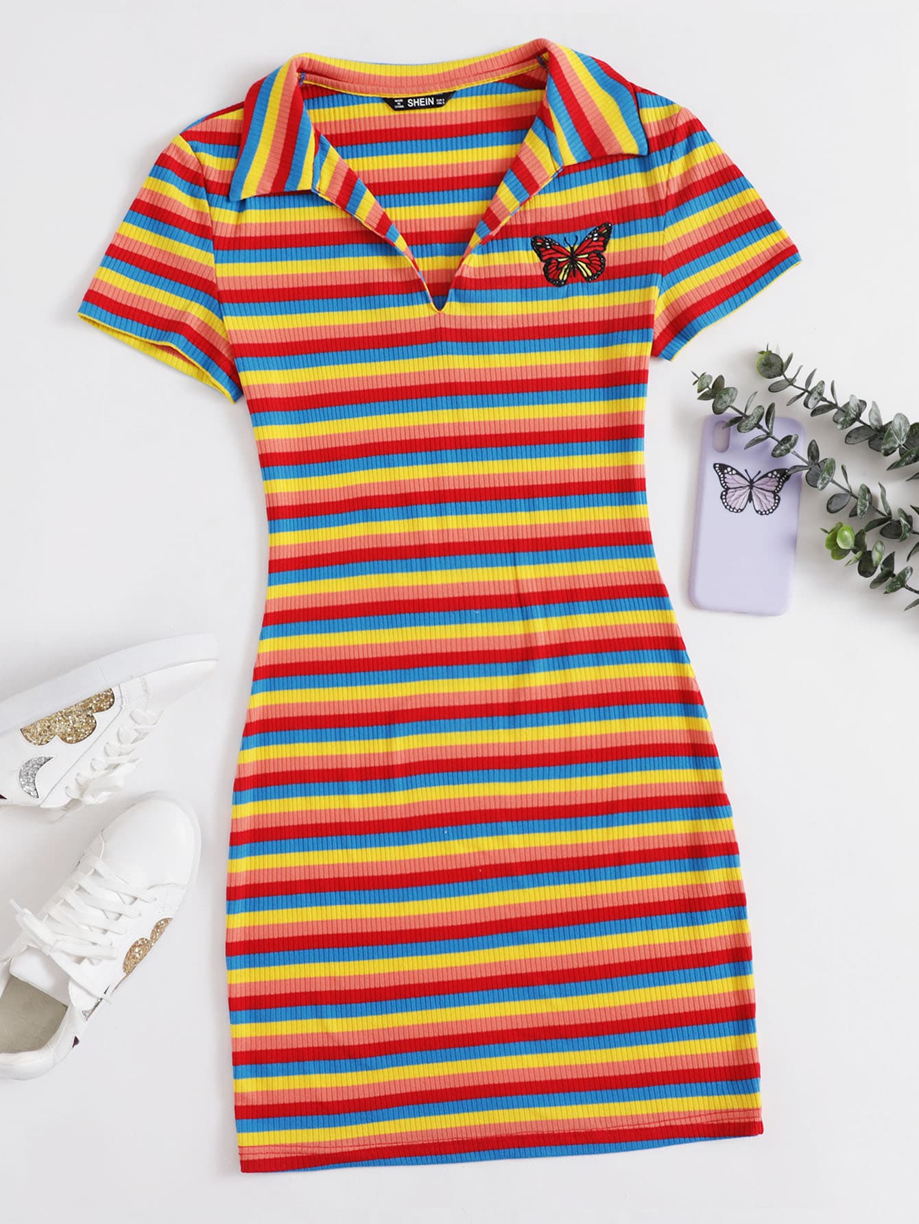 Muchica Ribbed Rainbow Striped Butterfly Embroidery Dress - Red - View 1