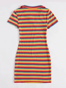 Muchica Ribbed Rainbow Striped Butterfly Embroidery Dress - Red - View 2